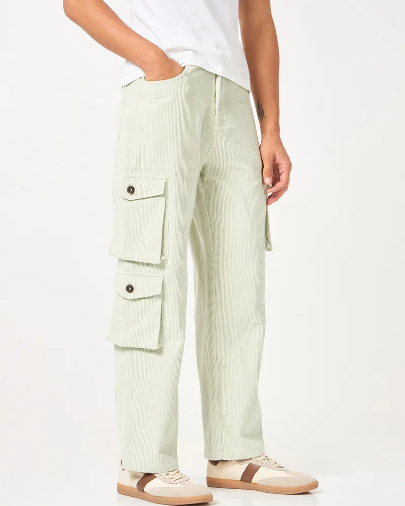 بيواكوف Men's Light Green Straight Fit Cargo Corduroy Pants
